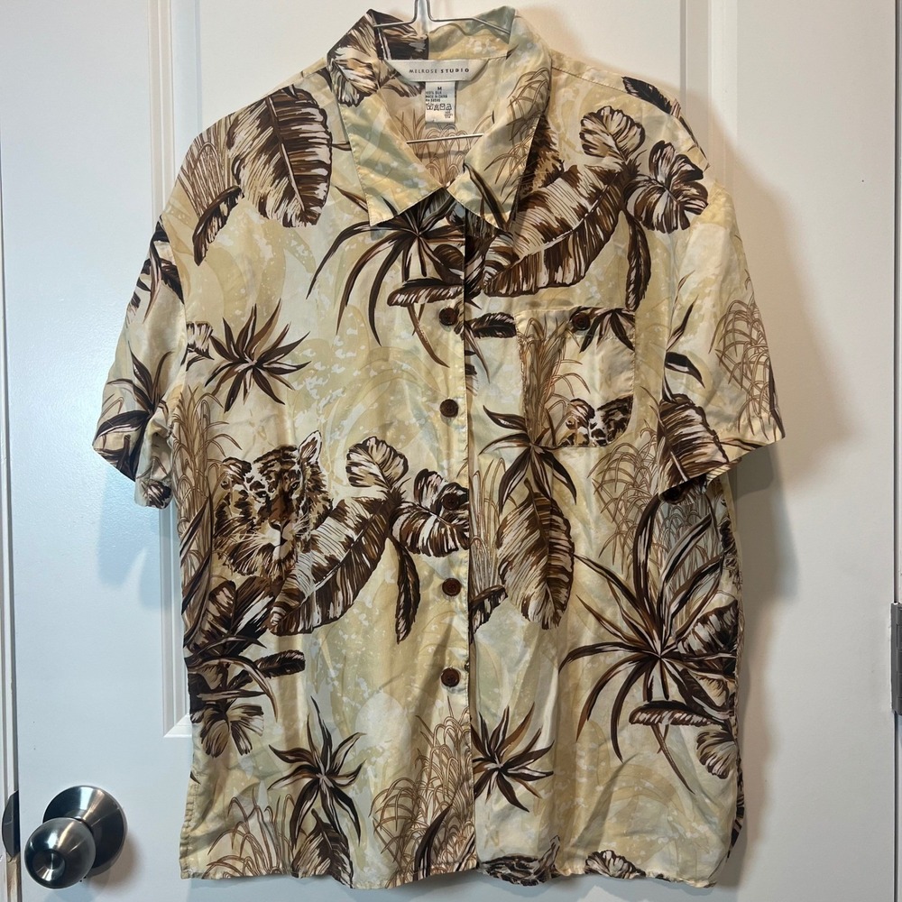 Melrose Studio Mens Button Up Shirt 100% Silk Tropical Tiger Tan Brown Size M
